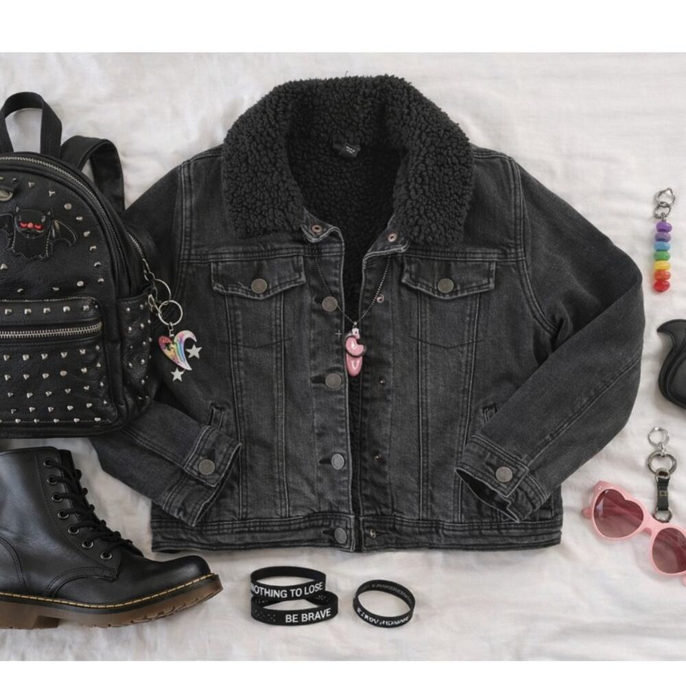 Alt Grunge Black Sherpa Lined Denim Jacket Youth Large Button Front Cropped